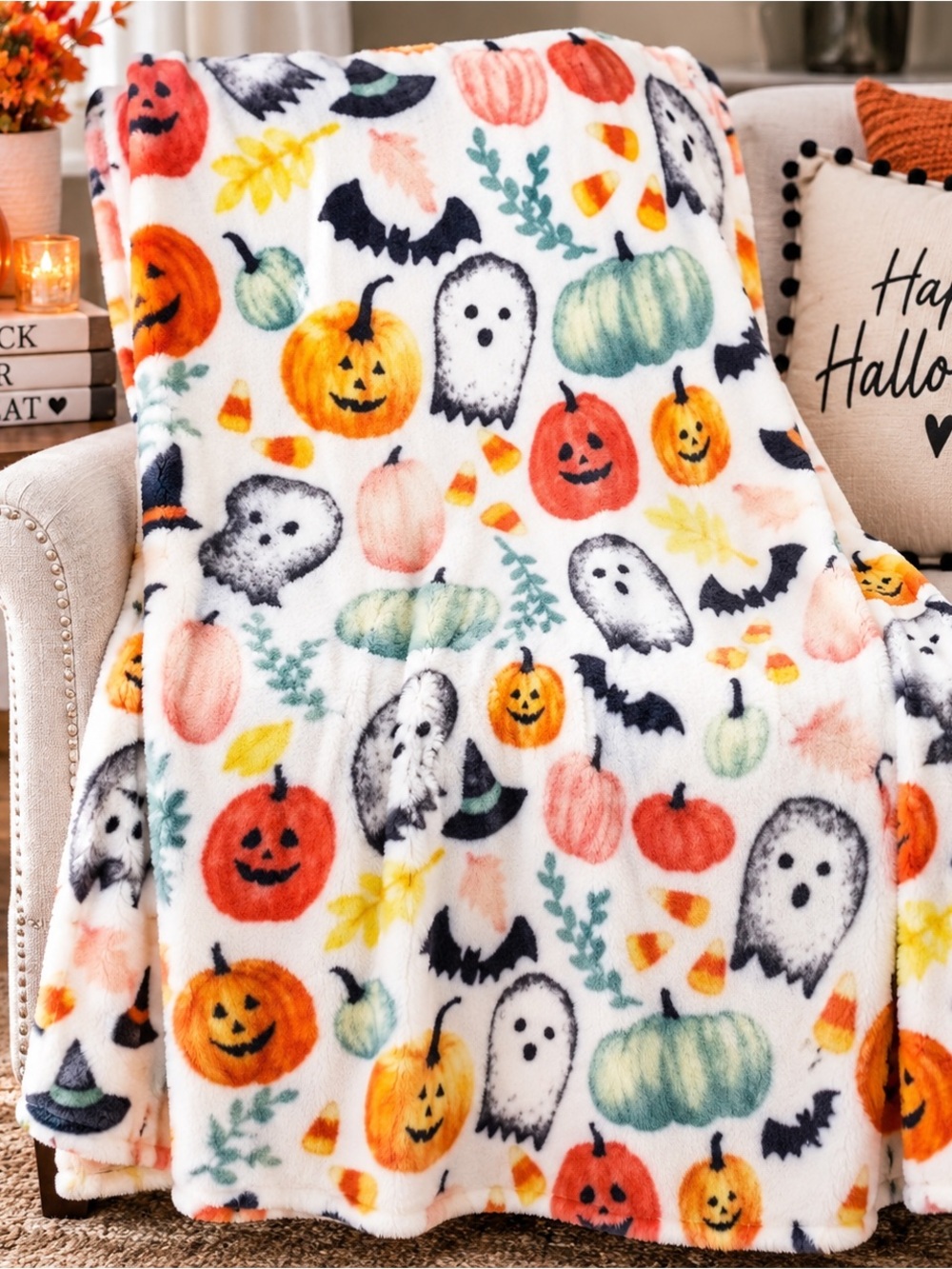 NEW Oversized Halloween Throw Blanket 60x70 – Ghosts Pumpkins Bats & Candy Corn